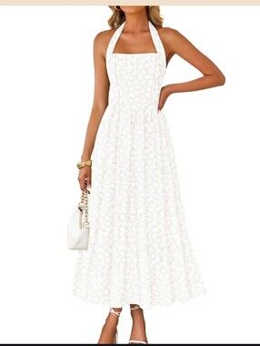 Zesica White Floral Halter Midi Dress, Size L
